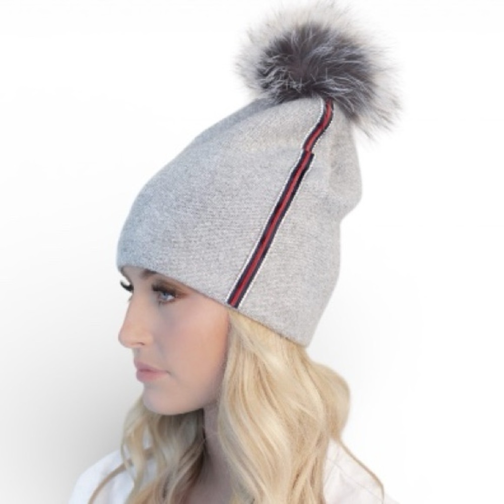 Fox Fur Pom and Crystal Ribbon Lux Ski Beanie
